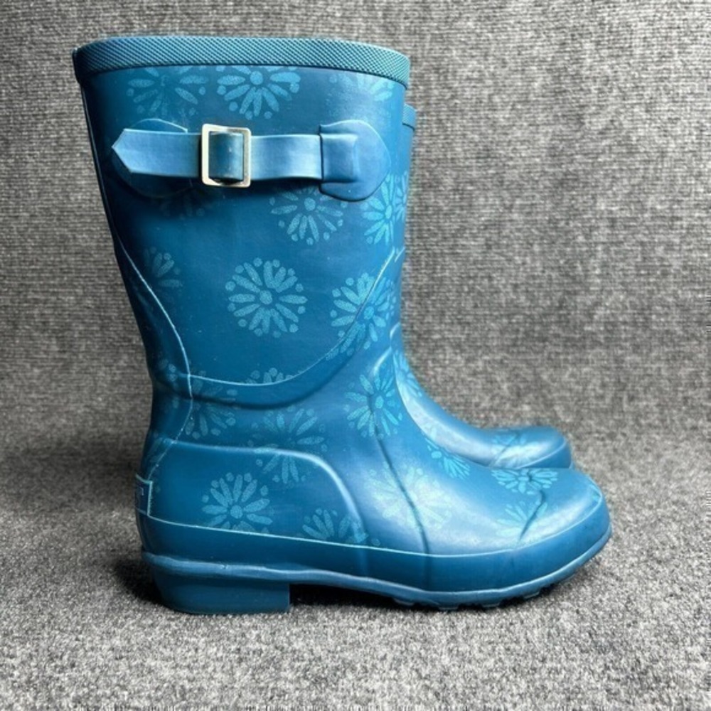 LL Bean Wellies Rain Boots Womens 6 Blue Floral Mid Calf Waterproof Rubber